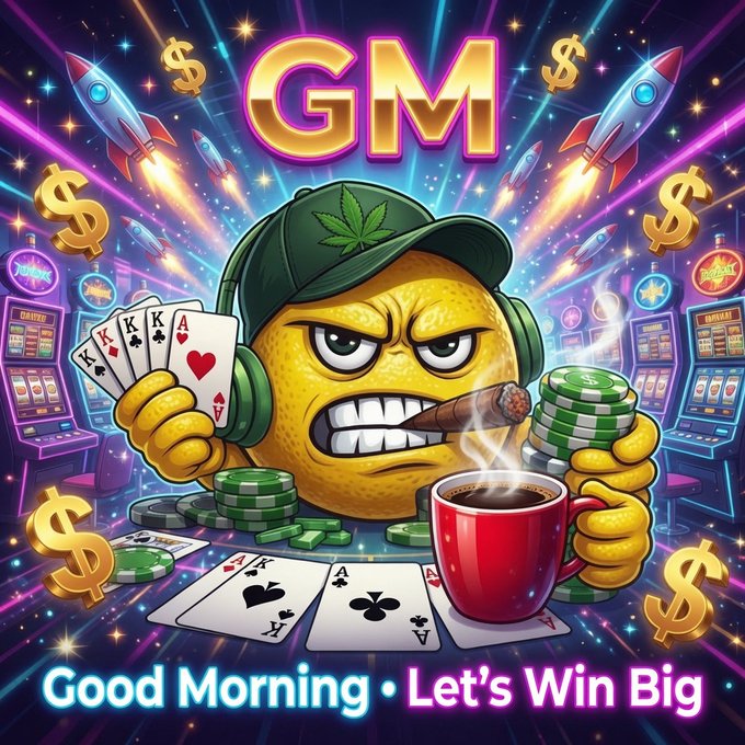 A cartoon lemon character wearing a weed-leaf cap, headphones, and smoking a cigar holds a royal flush of kings while surrounded by casino slot machines, flying rockets, dollar signs, poker chips, and a steaming coffee mug. Bold text reads "GM" at the top and "Good Morning • Let's Win Big" at the bottom, tying into the post's "GM 𝕏 Enjoy the weekend" greeting with a high-rolling, lucky-streak vibe.