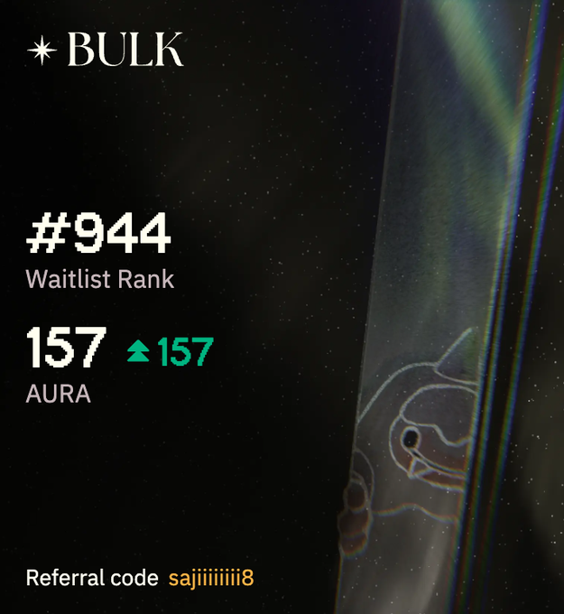 The image shows a promotional poster for bulk trading. The title of the image reads "I'm @944 in line for @bulktrade mainnet Deposit to try and beat me early.bulk.trade/deposit?ref=sa ...". The poster also includes an upwardly-shifted number, which may indicate a ranking or a promotion for bulk trading.