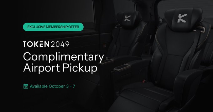 A promotional banner for TOKEN 2049 offering a 'Complimentary Airport Pickup' as part of an 'Exclusive Membership Offer,' available October 3-7, set against a dark background showing luxury vehicle seats with a 'K' logo.