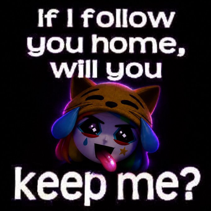 Dark, meme-style image featuring a cartoon character with a leopard hat and tears, overlaid with the white text: 'If I follow you home, will you keep me?'.