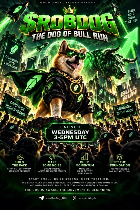 A promotional poster for the memecoin "$ROBDOG - THE DOG OF BULL RUN" features a sunglasses-wearing Shiba Inu in a gold chain against a green bull market cityscape, advertising an official launch on Robinhood on Wednesday from 3-5PM UTC. Key text includes slogans like "BUILD THE PACK," "GOOD DOGS, BIGGER DREAMS," and "COMMUNITY DRIVES EVERYTHING," with the ticker $ROBDOG tied to the post's announcement of its "movement beginning."