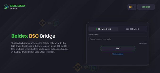 A screenshot of the 'Beldex BSC Bridge' website, showing options to swap 'BDX to BDX-BSC' or 'BDX-BSC to BDX' with a field for a BNB Address.