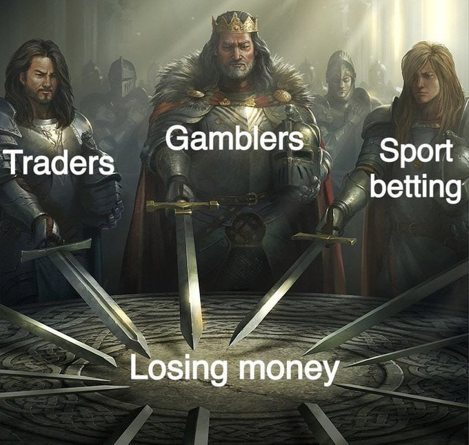 A meme depicting armored figures—including a crowned king—surrounding a central sword labeled "Losing money," with side figures labeled "Traders," "Gamblers," and "Sport betting." The "We are all in the same boat" caption reinforces that despite different roles, everyone ultimately faces the same fate of financial loss.