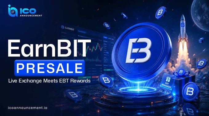 Promotional banner for the EarnBIT ($EBT) presale, featuring the text "EarnBIT PRESALE - Live Exchange Meets EBT Rewards" alongside a glowing EBT coin, trading charts, and a rocket launching, all branded with the ICO Announcement logo. The imagery of the exchange interface and rising rocket visually reinforces the post's message about combining a live trading platform with crypto presale rewards.
