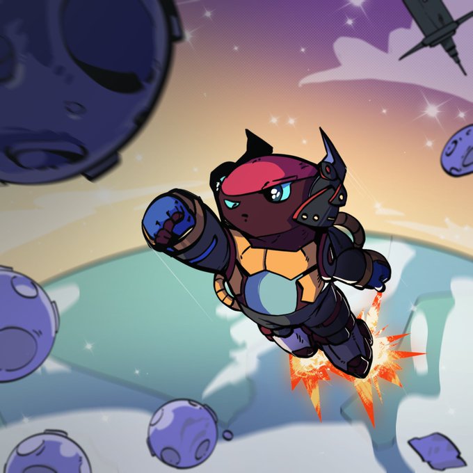 A digital illustration of an anime-style character in a mech suit with a helmet featuring cat ears, flying through a space scene with planets and stars while propelled by flames from their boots.
