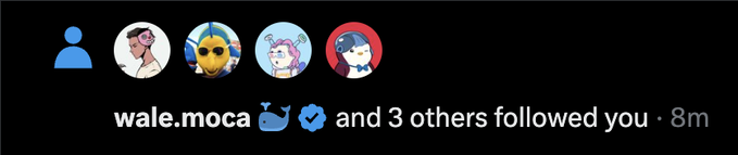 Instagram notification showing 'wale.moca and 3 others followed you' with NFT profile pictures including a Bored Ape, 8 minutes ago.