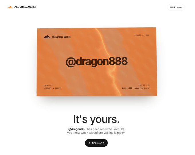 A Cloudflare Wallet confirmation page showing that the username '@dragon888' has been successfully reserved.