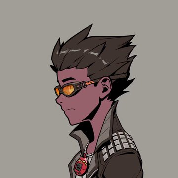A profile illustration of a character with spiky dark hair, purple-toned skin, orange goggles, and a red pendant on a beaded necklace.