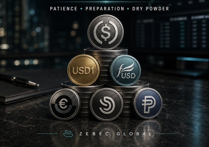A pyramid of coins featuring various currency symbols ($ and €) sits on a dark marble surface, with the tagline 'PATIENCE • PREPARATION • DRY POWDER' and the branding 'ZEBEC GLOBAL' visible.