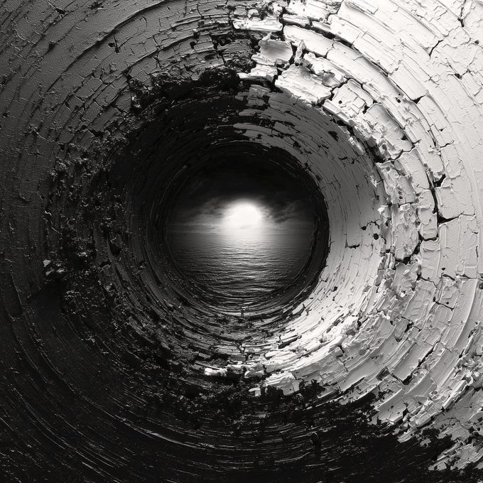 A black and white image looking through the inside of a crumbling, circular stone tunnel or pipe, with a view of water and sunlight at the far end.