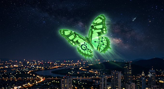 A glowing green butterfly with circuit-like patterns on its wings hovers above a city skyline at night under a starry sky.