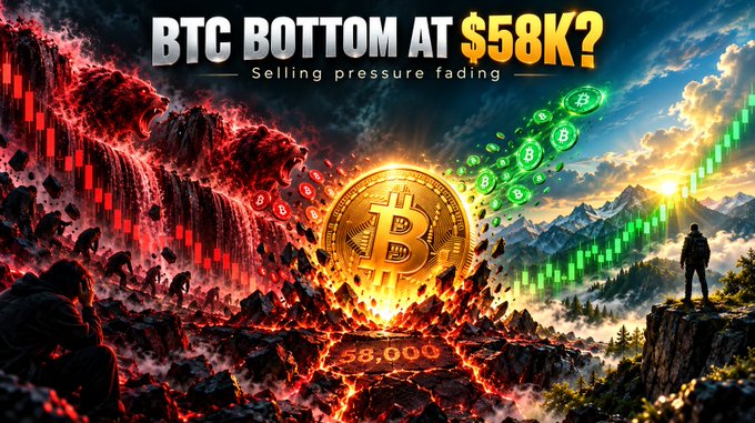 A dramatic Bitcoin graphic split between fire and green prosperity, titled 'BTC BOTTOM AT $58K? Selling pressure fading', depicting a large golden Bitcoin coin amidst bearish red candlesticks and green 'B' tokens, with a trader looking toward the horizon.
