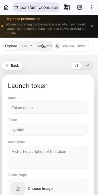 A mobile screenshot from ponsfamily.com/laun shows a 'Launch token' form with fields for Name, Ticker, Description, and Token image, under a 'Degraded performance' warning.