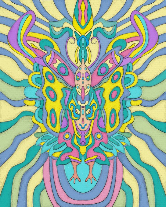 A colorful, symmetrical psychedelic illustration of a stylized bird with butterfly-like wings, rendered in vibrant pastels of yellow, pink, blue, and purple with radiating background lines, matching the post's description of "bird of joy" as a 5-edition NFT listed at .005E. The artwork's spiritual, ornamental aesthetic reflects the euphoric theme of its title.