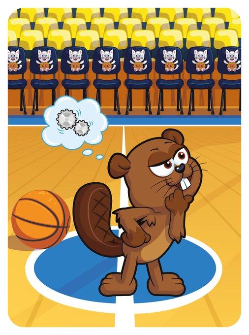 A cartoon illustration of a beaver character standing on a basketball court in front of stadium seats decorated with beaver mascots, thinking about gears while holding a basketball.