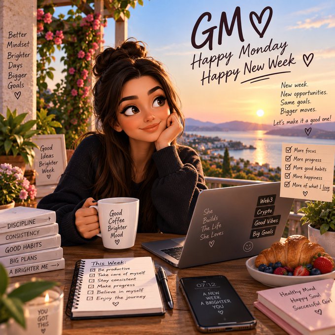 A cartoon-style illustration shows a woman with a messy bun sipping coffee at a laptop on a balcony overlooking a sunset coastline, surrounded by motivational sticky notes reading "GM Happy Monday Happy New Week," "Better Mindset, Brighter Days, Bigger Goals," and a to-do list including "Be productive," "Stay consistent," and "Believe in myself," along with a croissant, berries, and books labeled "Discipline, Consistency, Good Habits." The image visually reinforces the post's theme of fresh starts and productivity, pairing a cheerful Monday vibe with a checklist that invites followers to share their own weekly goals.
