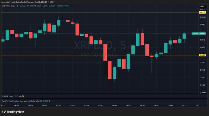 A TradingView candlestick chart of XRP/USD on a 5-minute timeframe shows XRP hovering just above the $1.0001 support level after a recent dip, with the RSI reading 46.34—visually reinforcing the post's hopeful message that this may be XRP's final moments trading below $1.