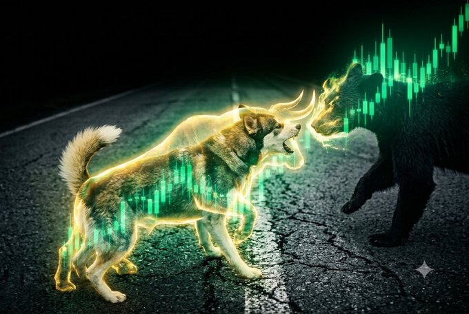 A glowing dog is confronting a dark bear on a cracked street, with green candlestick charts rising behind them, symbolizing a bull-vs-bear market struggle tied to the resilient community spirit of memecoins.