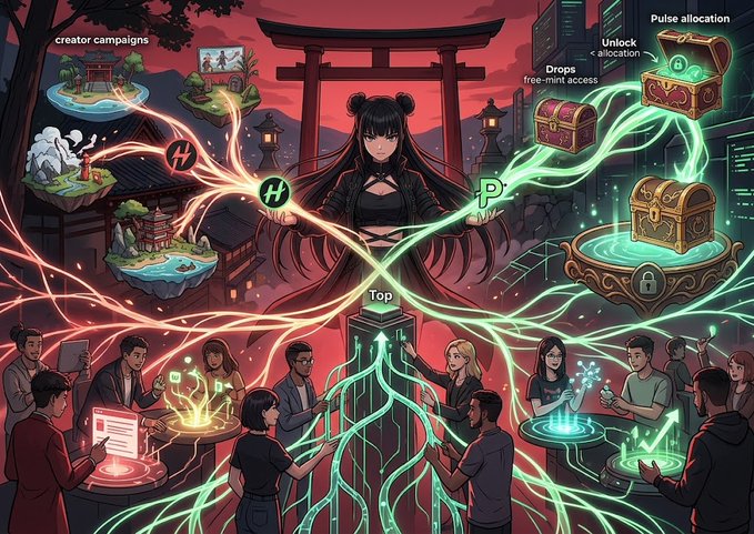 A vibrant digital illustration depicting a central anime-style figure surrounded by people interacting with holographic displays, featuring text 'creator campaigns', 'Pulse allocation', 'Unlock', and 'Drops' with 'Top' label.