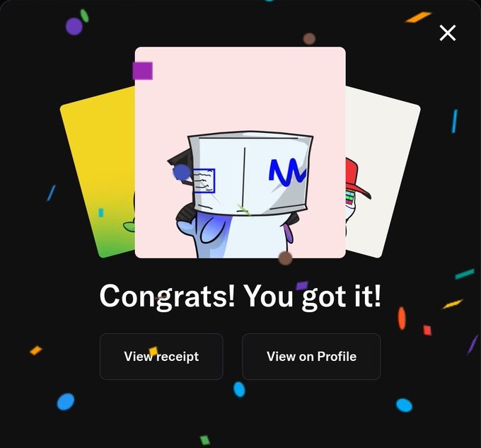 A celebratory screen reads 'Congrats! You got it!' above a card featuring a character with a box-shaped head, with buttons to 'View receipt' and 'View on Profile'.