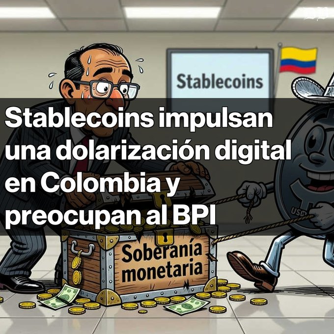 A Spanish-language cartoon illustration showing a sweating man in a suit holding a chest labeled 'Soberanía monetaria' (monetary sovereignty) being pulled by a USDT coin character, with text reading 'Stablecoins impulsan una dolarización digital en Colombia y preocupan al BPI' (Stablecoins drive digital dollarization in Colombia and concern the BIS).