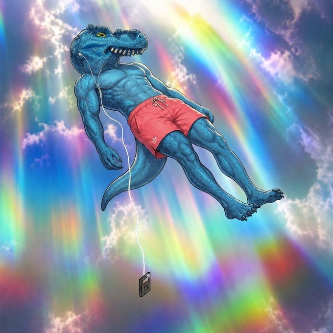 A muscular blue dinosaur wearing pink swim trunks floats serenely among rainbow-colored clouds, listening to music through earbuds connected to a small music player—capturing the euphoric, blissed-out feeling of holding the $FEFER token.