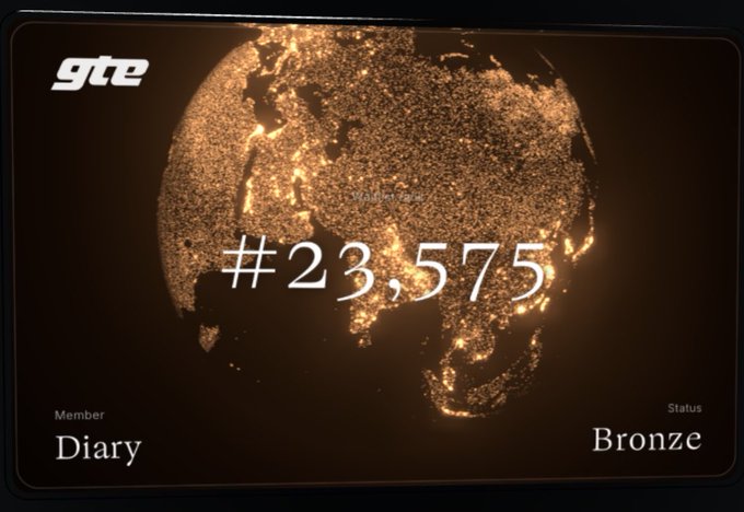 A digital membership card for 'gte' displaying the number '#23,575', a glowing dotted globe design, with the member name 'Diary' and a Bronze status level.