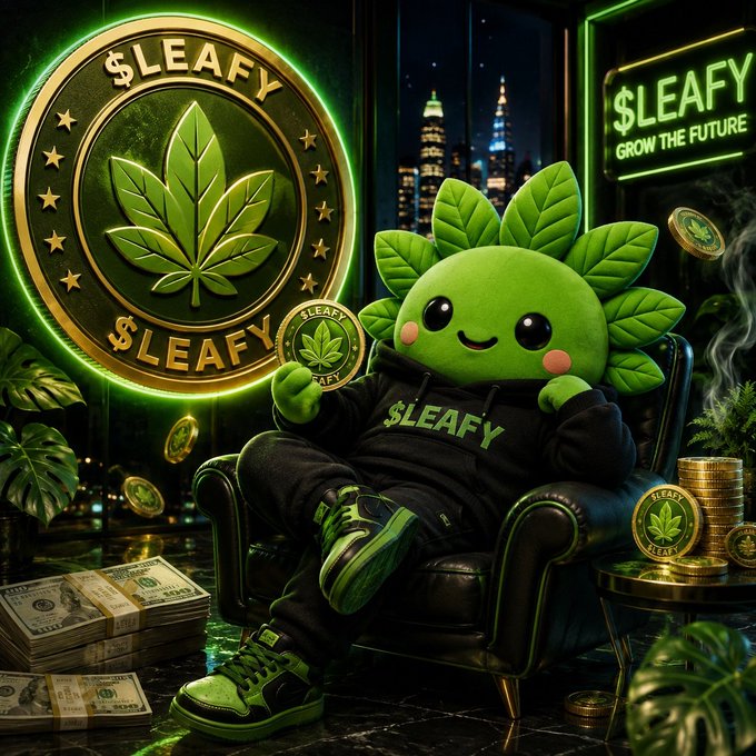 A digital illustration shows a cute green leaf-shaped mascot character wearing a black '$LEAFY' hoodie and sneakers, sitting in a chair surrounded by $LEAFY coins, stacks of cash, and neon signs reading '$LEAFY GROW THE FUTURE'.