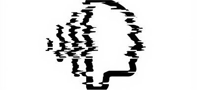 A black distorted, glitch-style silhouette or abstract figure against a white background.