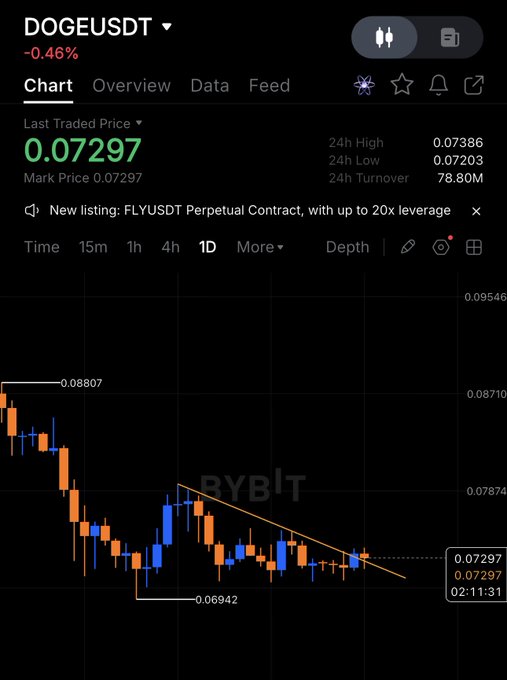 A Bybit 1D candlestick chart for DOGEUSDT shows the last traded price at 0.07297 (down 0.46%), with a descending trendline from the 0.08807 high pointing toward the recent 0.06942 low, reflecting the post's theme of awaiting bullish price action while holding the position.