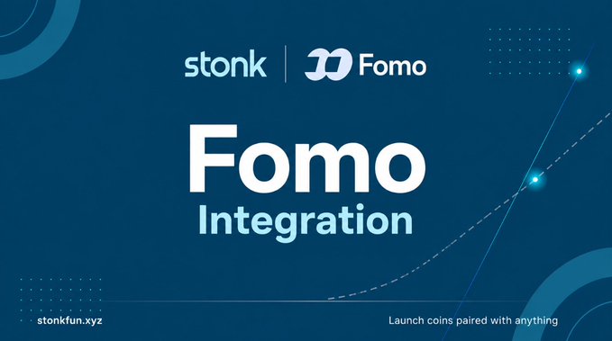A promotional banner with a dark blue background announces the "Fomo Integration" featuring the Stonk and Fomo logos at the top, along with the website stonkfun.xyz, visually highlighting the partnership that allows users to identify StonkFun-launched coins on Fomo.