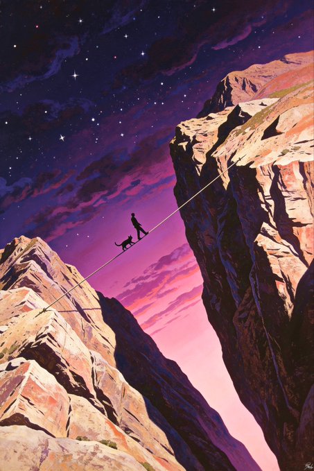 A stylized illustration of a silhouette person walking a dog across a tightrope between two rocky cliffs under a purple and pink starry night sky.