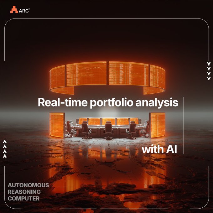 A futuristic command center glowing in red-orange displays curved digital screens above a circular workstation, branded "ARC Autonomous Reasoning Computer" with the tagline "Real-time portfolio analysis with AI," visually conveying the post's idea of consolidating complex crypto and asset management tasks into a single AI-powered dashboard.
