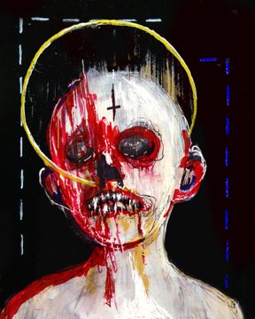 A dark, expressionist painting of a bald, skull-like figure with a halo, marked with an inverted cross on its forehead and dripping with red paint that suggests blood.