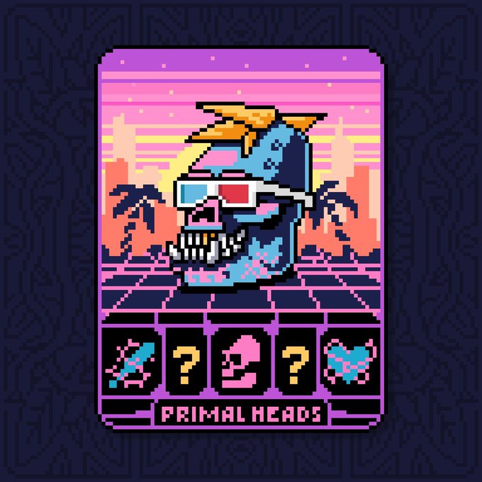 Pixel art depicting a 3D-rendered skull wearing a backwards cap and 3D glasses against a retro sunset grid background, with the text 'PRIMAL HEADS' at the bottom.