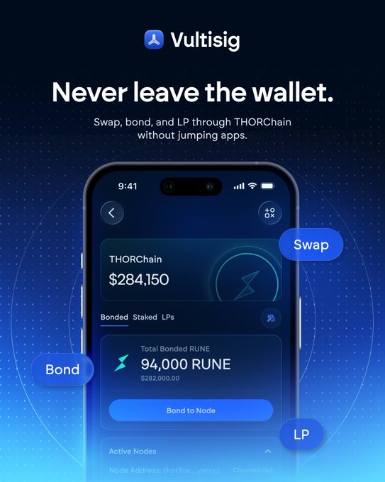 A Vultisig promotional graphic with the headline "Never leave the wallet" showcases a mobile app interface displaying a THORChain balance of $284.150 and "Total Bonded RUNE" at 94,000 RUNE ($282,000.00), with floating callout buttons labeled "Swap," "Bond," and "LP" highlighting the in-app functionality referenced in the post about integrating THORChain directly into Vultisig.