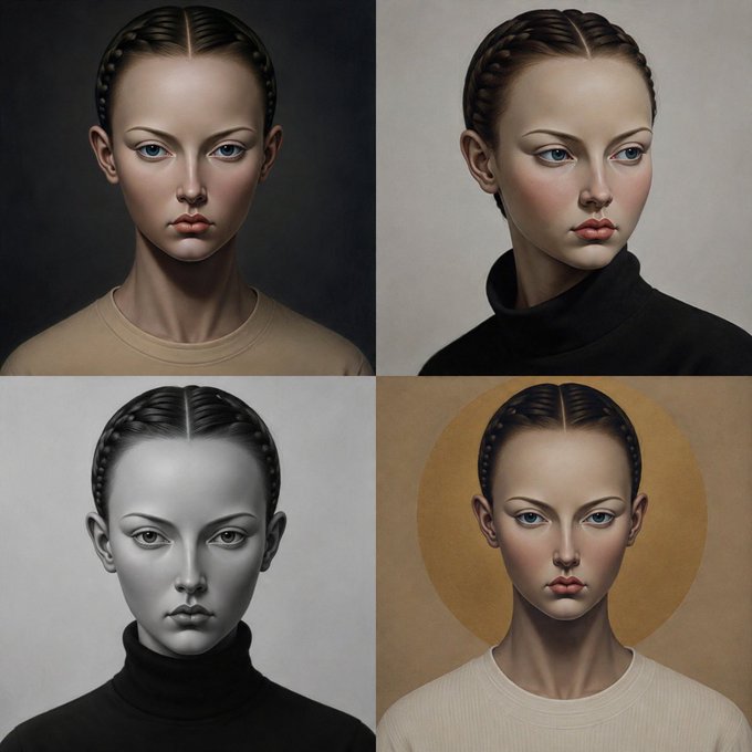 A four-panel grid showing the same female portrait in different artistic styles, featuring braided hair and blue eyes in various lighting and color treatments.