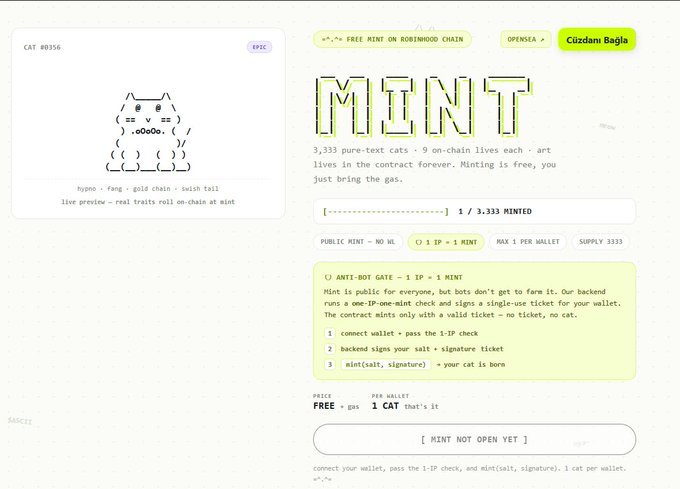 The image shows the mint page for "MINT" (CAT #0356), a free NFT collection on the Robinhood Chain featuring ASCII cat artwork, with 1 of 3,333 already minted and the mint button currently marked "NOT OPEN YET," supporting the post's announcement of a free, no-whitelist, on-chain ASCII Cats collection with a total supply of 3,333.