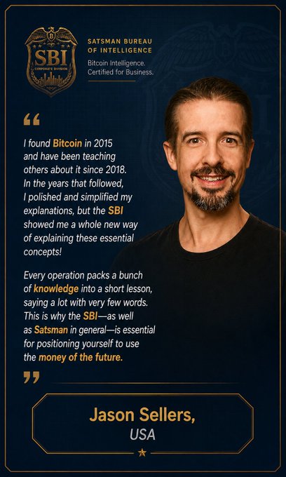 Promotional graphic for the Satsman Bureau of Intelligence (SBI) featuring a testimonial from Jason Sellers, USA, about Bitcoin and SBI Bitcoin Intelligence courses.