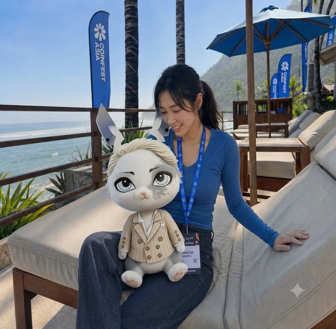 A young woman wearing a lanyard with a 'Token of Press' badge sits outdoors at an Asia CoinFest event, holding a plush mascot wearing a beige coat.