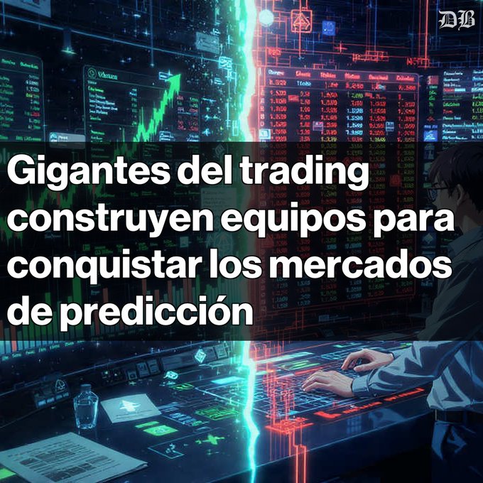 The image shows a person sitting at a desk with a computer monitor displaying stock market data. The text in the image reads "Gigantes del trading invierten en mercados de predicción DRW, Wintermute e IMC están formando equipos para operar en plataformas como Polymarket y Kalshi". This suggests that the person is using a computer to analyze stock market trends and make investment decisions.

The image also includes a quote from the post about "Gigantes del trading invierten en mercados de predicción DRW, Wintermute e IMC están formando equipos para operar en plataformas como Polymarket y Kalshi". This quote emphasizes the importance of using technology and data analysis in stock market trading.

The image is accompanied by a bottle on the desk, which could be a drink for the person working at the computer or a reference to the concept of "drinking the juice" as an investment strategy.