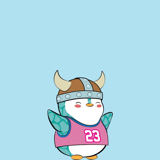 A cute cartoon penguin wearing a Viking helmet with horns and a pink basketball jersey with the number "23" stands against a light blue background, serving as playful "proof of penguin" imagery.