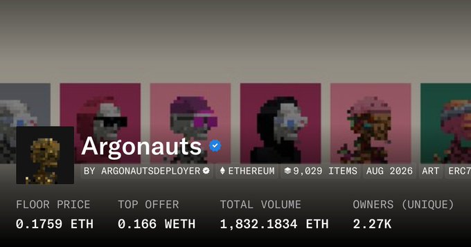 A screenshot of an OpenSea NFT collection page titled 'Argonauts' by ARGONAUTSDEPLOYER on Ethereum, showing 9,029 items with a floor price of 0.1759 ETH, top offer of 0.166 WETH, total volume of 1,832.1834 ETH, and 2.27K unique owners.
