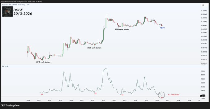 A TradingView chart of DOGE/USD from 2013–2026 shows annotated cycle bottoms (2015, 2020, 2022) with the 2022 bottom labeled "NOW 1" and an RSI subchart highlighting "ALL TIME LOW" RSI reading, reinforcing the post's message that DOGE presented a rare buying opportunity at deeply oversold levels.