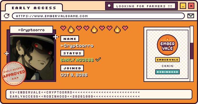 A pixel-art style 'Early Access' approval card from EmberVale Game for user @Cryptoorro, showing an anime character avatar and indicating the chain is Robinhood.