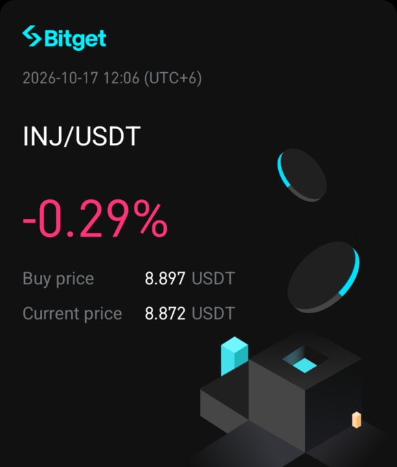 A screenshot from the Bitget cryptocurrency exchange app showing the INJ/USDT trading pair down 0.29%, with a buy price of 8.897 USDT and current price of 8.872 USDT.