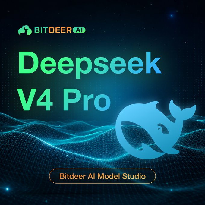 A promotional graphic from Bitdeer AI Model Studio features a glowing blue whale logo alongside the text "Deepseek V4 Pro" against a dark, cosmic background with wave-like patterns, announcing the model's availability with its 1M context window and benchmark improvements.