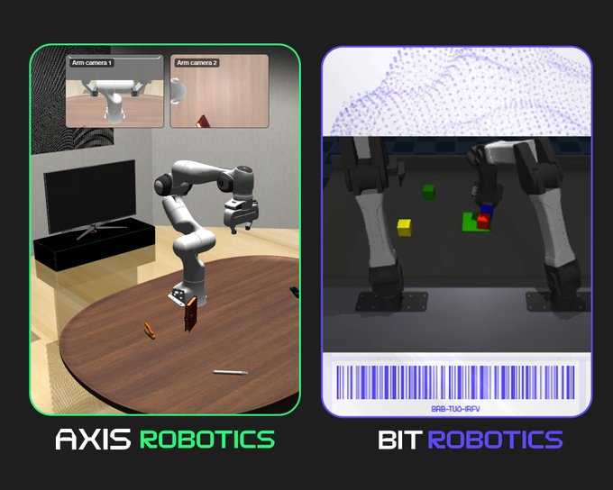 An image displaying two robot projects side by side, labeled 'AXIS ROBOTICS' (left) showing a white robotic arm on a wooden table, and 'BIT ROBOTICS' (right) showing a robot arm manipulating colored blocks above a barcode.