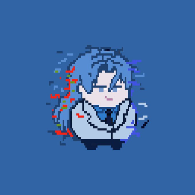 A chibi-style pixel art character with flowing blue hair and a slight smile is set against a gray background, appearing as a stylized profile picture—likely tied to a crypto or Web3 community "gm" (good morning) post greeting fellow active members.