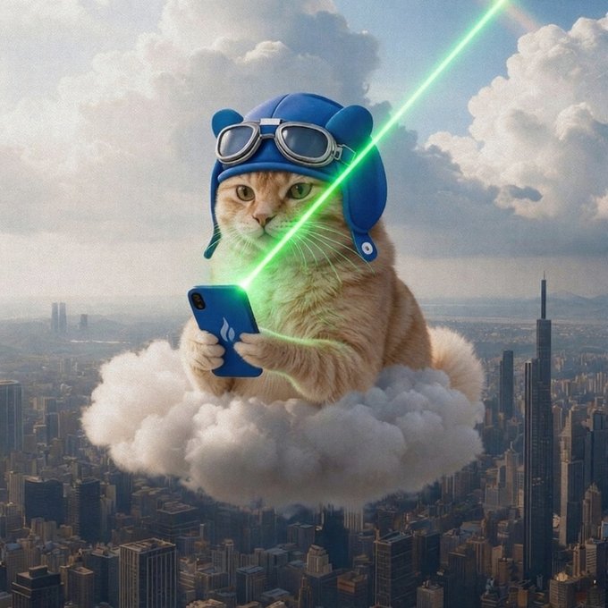 The image features a cartoon cat wearing a helmet with goggles, holding a cell phone that appears to be emitting a green laser beam. The cat is situated atop a cloud-like structure within an urban cityscape, surrounded by buildings of various sizes. The caption reads "gm... cloud cat has chosen you reply gm for violent green candles". This image seems to be a humorous take on the idea of a cat using technology in a playful manner, with the cat's actions and surroundings being connected through the use of a laser beam from the cell phone.